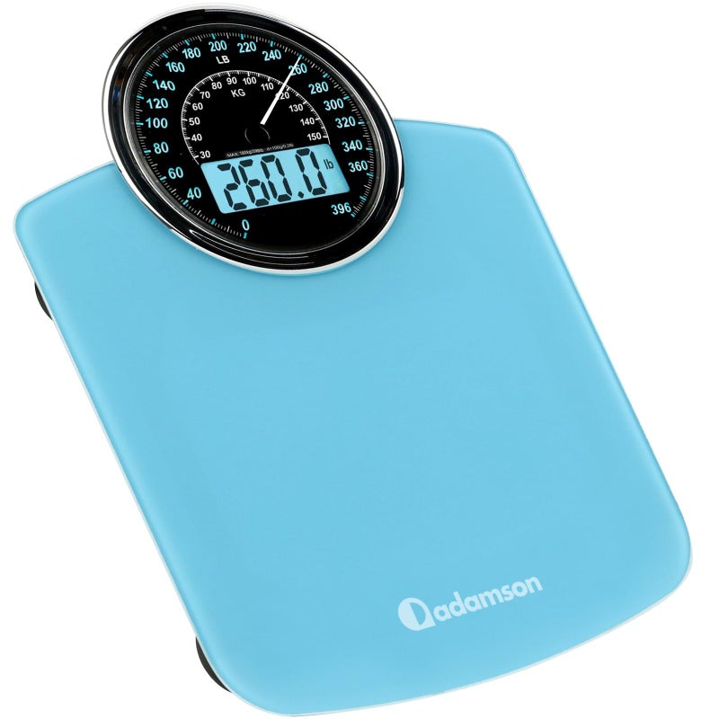 Adamson Hybrid 2in1 Analog Digital Weighing Scale for Body Weight up to 400lbs Thick Tempered Glass Extra Large Display Easy to Read Digital Bathroom Scale New Light Blue